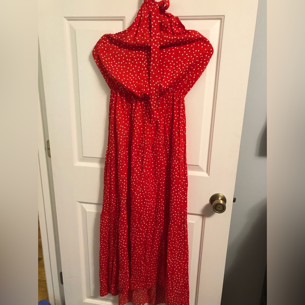Red halter maxi dress